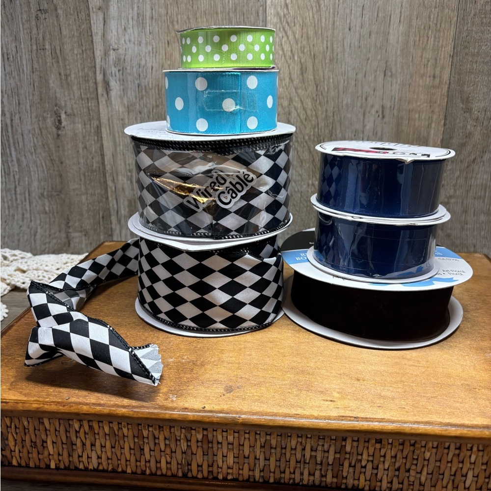 Ribbon Decorative 7 Rolls mixedWired Halloween Fall Blue PolkadotblackWhiteLime